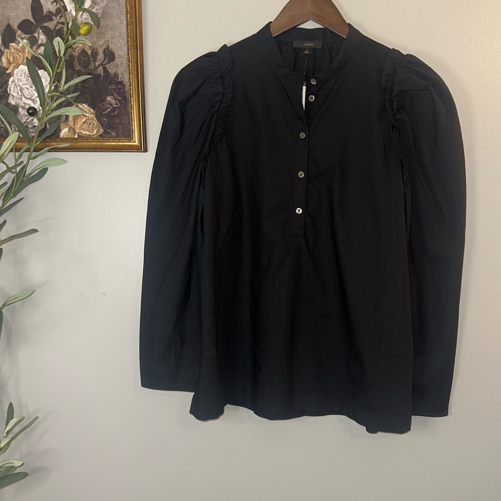 J.Crew Black Puff Sleeve Popover Blouse NWT Cotton Preppy Minimal Chic Small - Picture 6 of 9